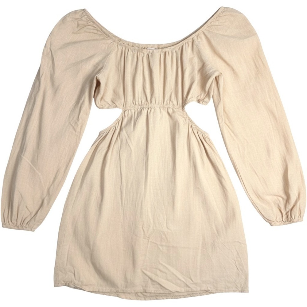 Wild Fable Tan Linen Blend Cut Out Mini Dress Long Sleeve Boho Small - Picture 2 of 10